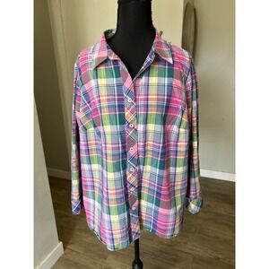 Talbots Plus Petite 1XP Plaid Button Down Shirt Pink 100% Cotton Long Sleeve